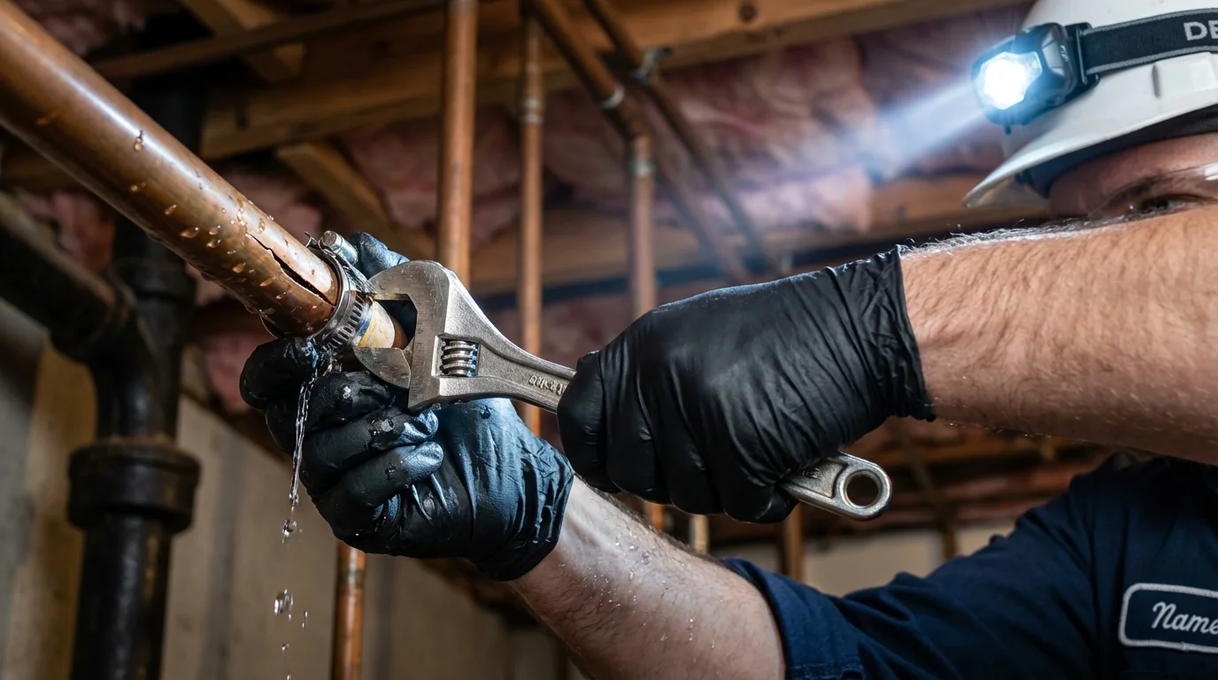 Emergency pipe clamp repair being performed by a Johns Plumbing LLC plumber in Lucedale