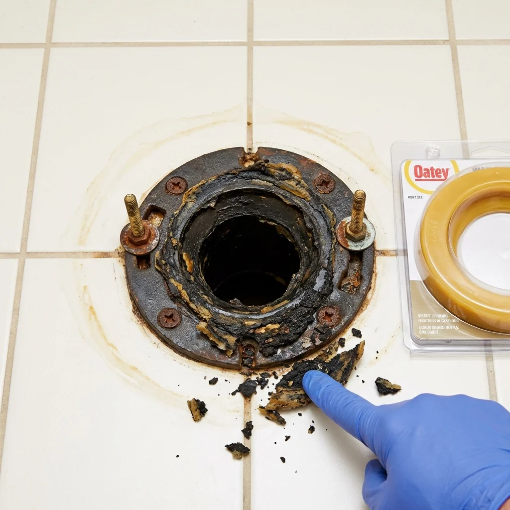 Failed wax ring showing water seepage at the base of a toilet in a Lucedale, MS home