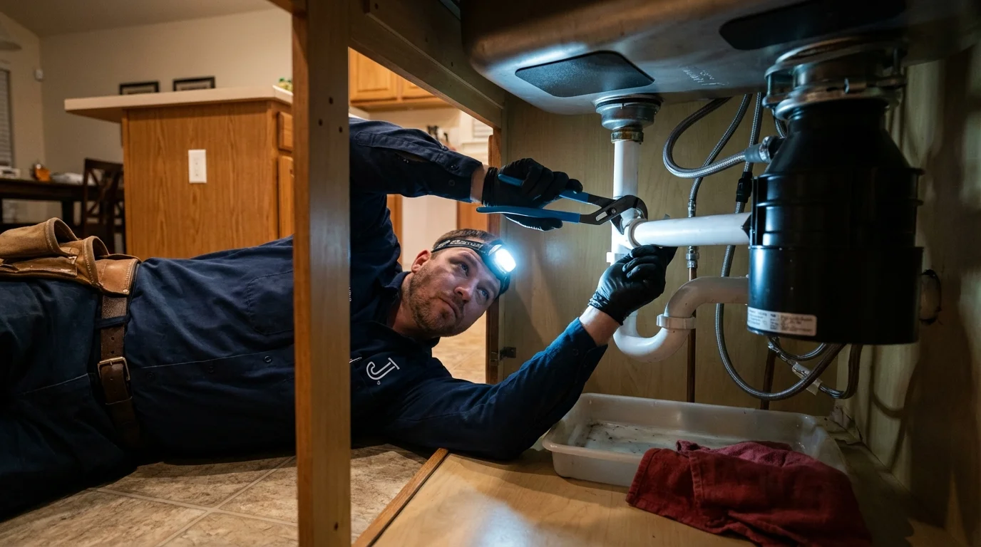 P-trap and supply line connections under a kitchen sink showing a common leak point in Lucedale, MS